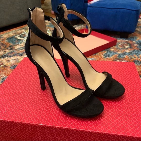 Black Suede Open Toe Heels - Picture 2 of 8